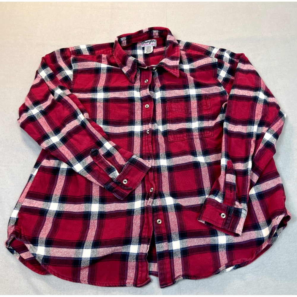 Wrangler Shirt‎ Flannel Medium Wrancher Rancher Red Plaid Long Sleeve Mens